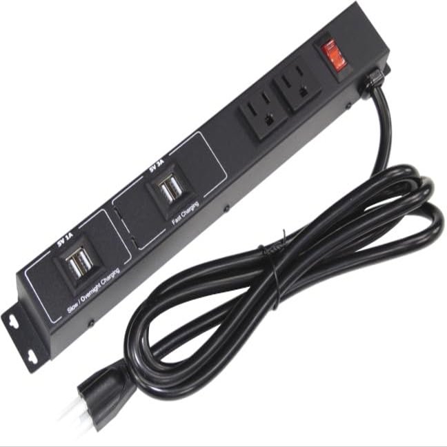 12" 2-Outlet Metal Power Strip, 6' Cord, 3000 Joules Surge Protection, Multi USB