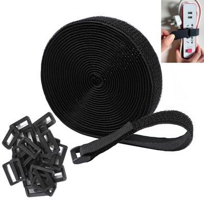1" x16ft Hook and Loop Cable Securing Straps with 25 Buckles, Free Cut Length | Adjustable | Reusable Fastening Cable Ties, 1 inch Wide Cinch Strap for Wire, Cord Wraps, Cable Management- Black