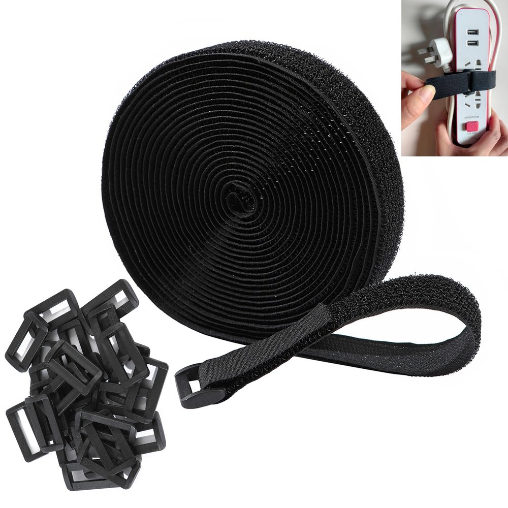1" x16ft Hook and Loop Cable Securing Straps with 25 Buckles, Free Cut Length | Adjustable | Reusable Fastening Cable Ties, 1 inch Wide Cinch Strap for Wire, Cord Wraps, Cable Management- Black