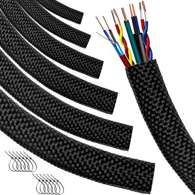 Automotive Wire Loom High Temperature Braided Wire Loom, Split-Sleeve Heat Resistant Wiring Loom Cord Cover for Harness Wires, Self-Wrapping Heavy Duty Sheathing Cable Management Black20ft-1/4inch 