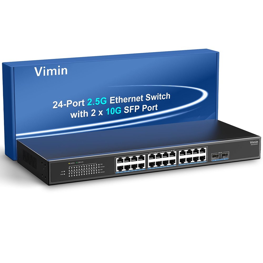 24 Port 2.5G Network Switch with 2x10G SFP, 24x 2.5G Base-T Ethernet Ports, Unmanaged Switch Compatible with 10/100/1000Mbps, 160Gbps Switching Capacity, Metal Housing, Fanless, 19-inch Rack Mount