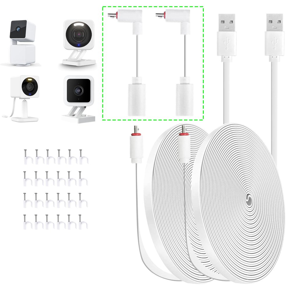 AYIIFEI 26FT Power Extension Cable for Wyze Cam v4, Wyze Cam Pan v3, Wyze OG, Wyze Cam v3, and v3 Pro Indoor/Outdoor, Waterproof Flat Micro USB Charging Power Cord for Security Camera 2 Pack