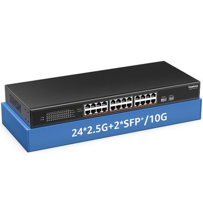 26 Port 2.5G Umanaged Ethernet Switch, 24 x 2.5Gb Base-T Ports, 2 x 10G SFP+, Compatible with 100/1000/2500Mbps, Metal Fanless, Desktop/Rack Mount YuanLey 2.5Gbe Network Switch for Wireless AP, PC