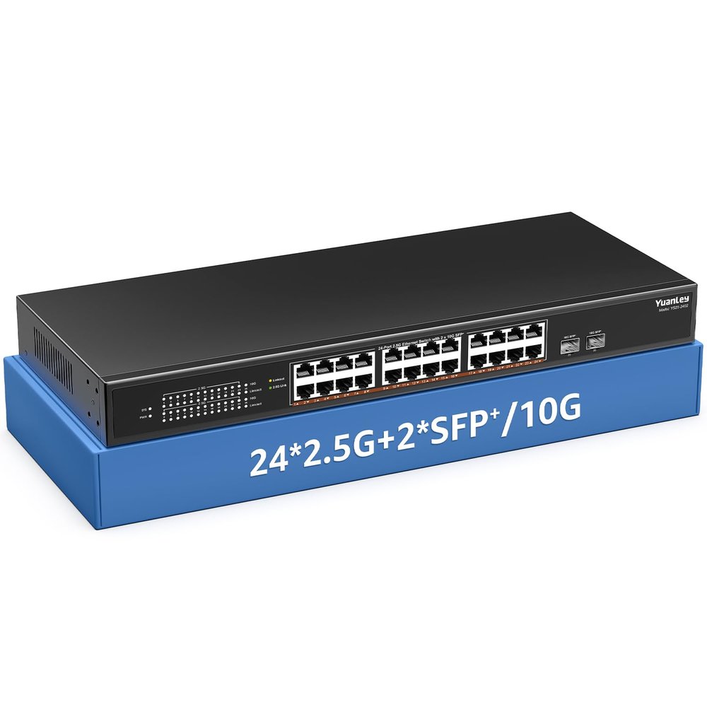 26 Port 2.5G Umanaged Ethernet Switch, 24 x 2.5Gb Base-T Ports, 2 x 10G SFP+, Compatible with 100/1000/2500Mbps, Metal Fanless, Desktop/Rack Mount YuanLey 2.5Gbe Network Switch for Wireless AP, PC