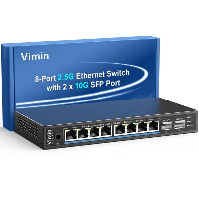 10 Port 2.5G Switch Unmanaged, VIMIN 8X 2.5G Switch base-T Ports+2X10G SFP+ Port, 80Gbps Switching Capacity, 2.5G 8 Port Ethernet Switch, Metal Housing, Fanless, Work for 2.5Gbps NAS, Wireless AP & PC