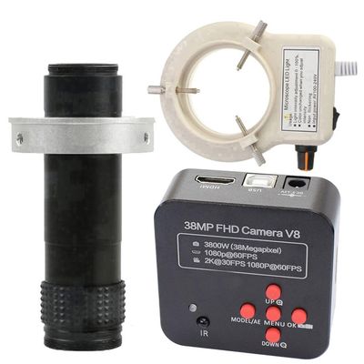 38MP FHD Camera V8 60FPS Industrial Camera Microscope Camera & 120X C-Mount Lens With 56-LED Adjustable Ring Light