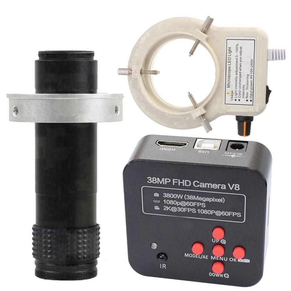 38MP FHD Camera V8 60FPS Industrial Camera Microscope Camera & 120X C-Mount Lens With 56-LED Adjustable Ring Light
