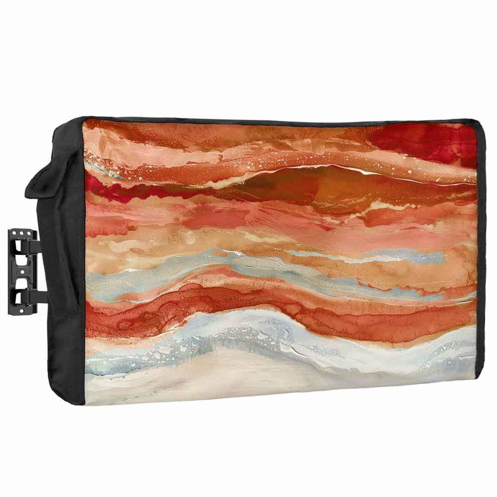 Abstract Orange Waterproof Outdoor TV Cover 36-39 Inch Weatherproof,Outside Television Cover TV Screen Protector with Remote Control Pocket,Contemporary Seawave Striped Painting