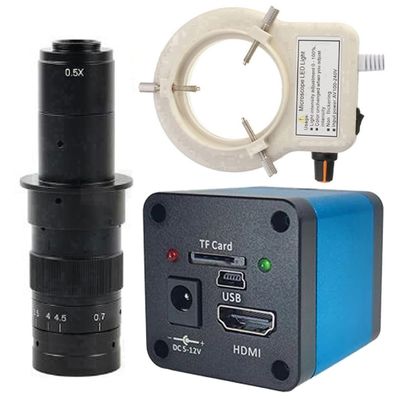48MP 2K HDMI USB Industrial Video Microscope Camera & 180X C-Mount Lens With 56-LED Adjustable Ring Light For Soldering Repair