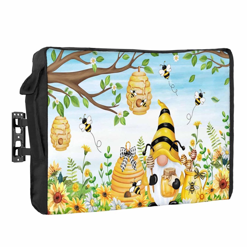 Blue Gnomes Waterproof Outdoor TV Cover 40-43 Inch Weatherproof,Outside Television Cover TV Screen Protector with Remote Control Pocket,Yellow Bee Honey Daisy Flower