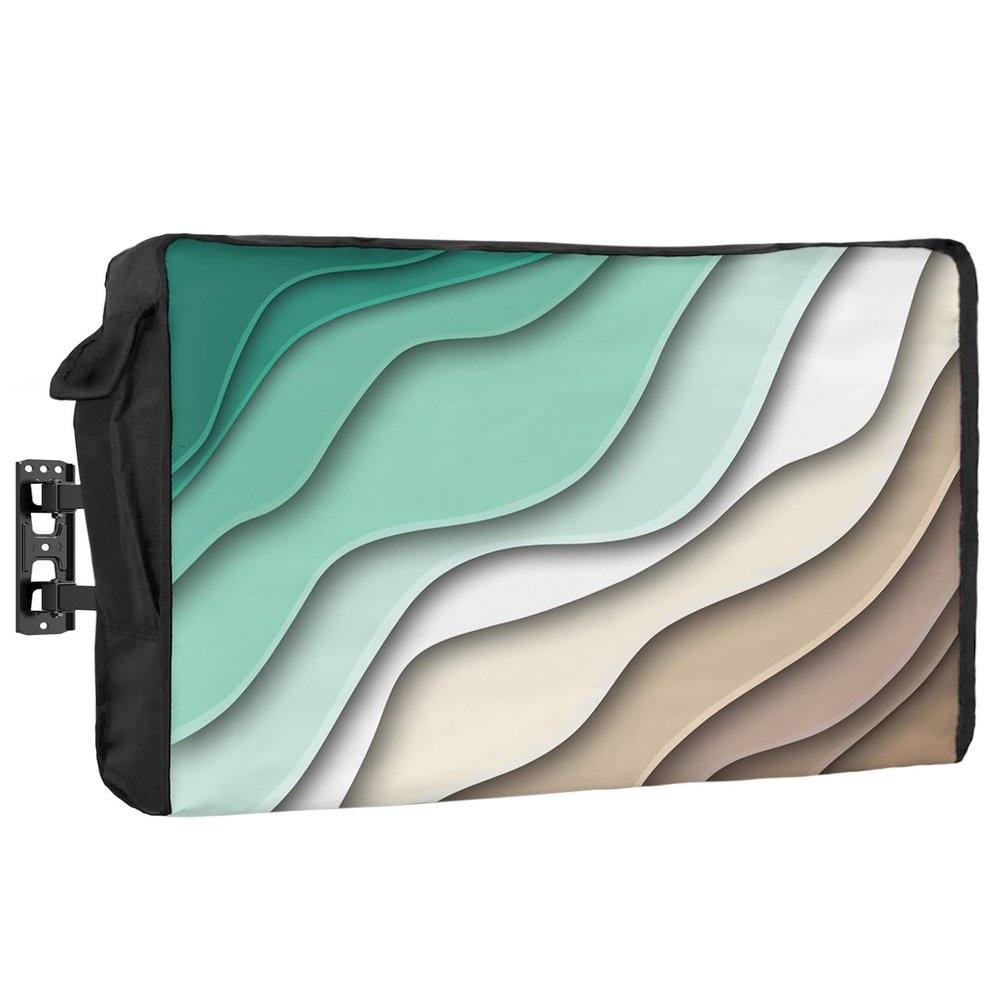 Abstract Modern Geometric Brown Art Waterproof Outdoor TV Cover 70-72 Inch Weatherproof,Outside Television Cover TV Screen Protector with Remote Control Pocket,Ombre Green White Ocean Seawaves,