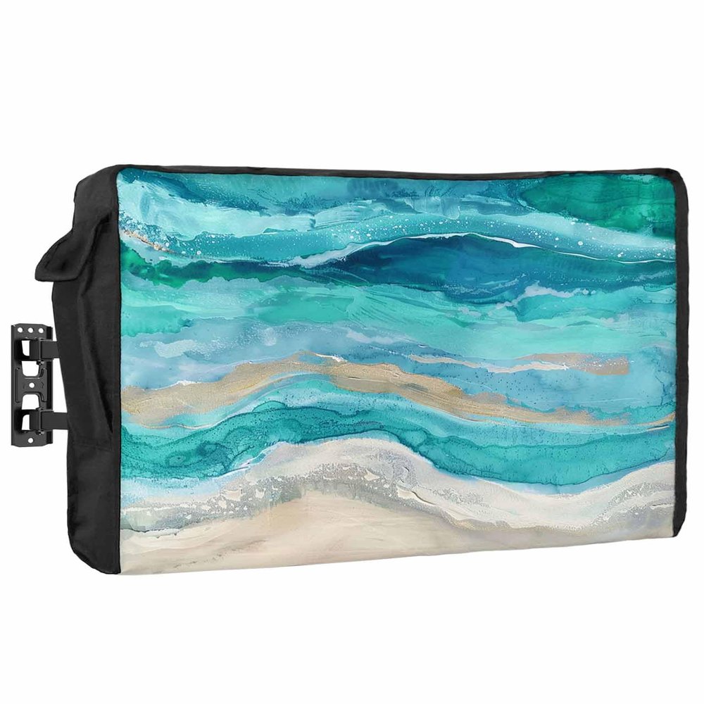 Abstract Turquoise Waterproof Outdoor TV Cover 80-85 Inch Weatherproof,Outside Television Cover TV Screen Protector with Remote Control Pocket,Shabby Chic Summer Grey Beach Wave