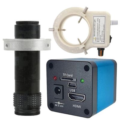 48MP 2K HDMI USB Industrial Video Microscope Camera & 120X C-Mount Lens With 56-LED Adjustable Ring Light For Soldering Repair