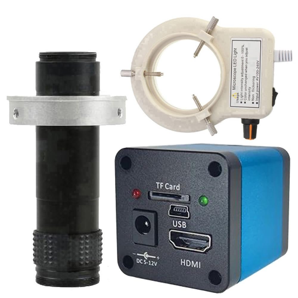 48MP 2K HDMI USB Industrial Video Microscope Camera & 120X C-Mount Lens With 56-LED Adjustable Ring Light For Soldering Repair