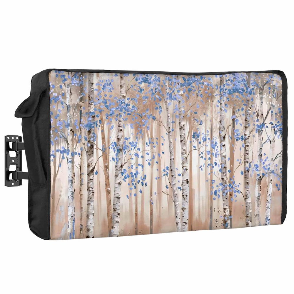 Blue Abstract Tree Waterproof Outdoor TV Cover 36-39 Inch Weatherproof,Outside Television Cover TV Screen Protector with Remote Control Pocket,Contemporary Forest Painting Smear Art