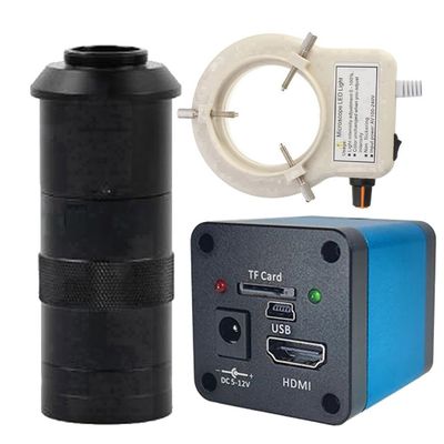 48MP 2K HDMI USB Industrial Video Microscope Camera & 100X C-Mount Lens With 56-LED Adjustable Ring Light For Soldering Repair