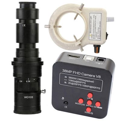 38MP FHD Camera V8 60FPS Industrial Camera Microscope Camera & 500X C-Mount Lens With 56-LED Adjustable Ring Light