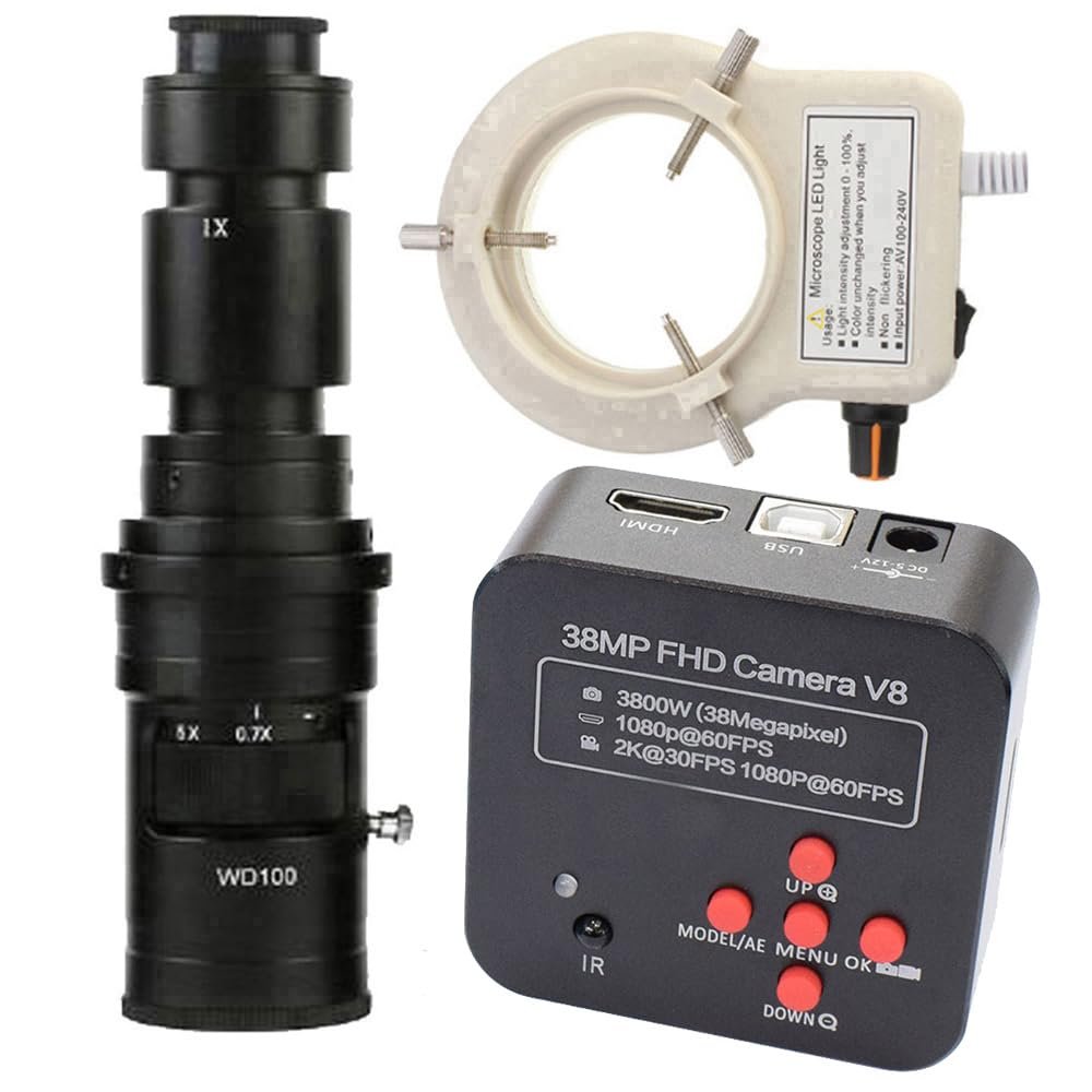 38MP FHD Camera V8 60FPS Industrial Camera Microscope Camera & 500X C-Mount Lens With 56-LED Adjustable Ring Light