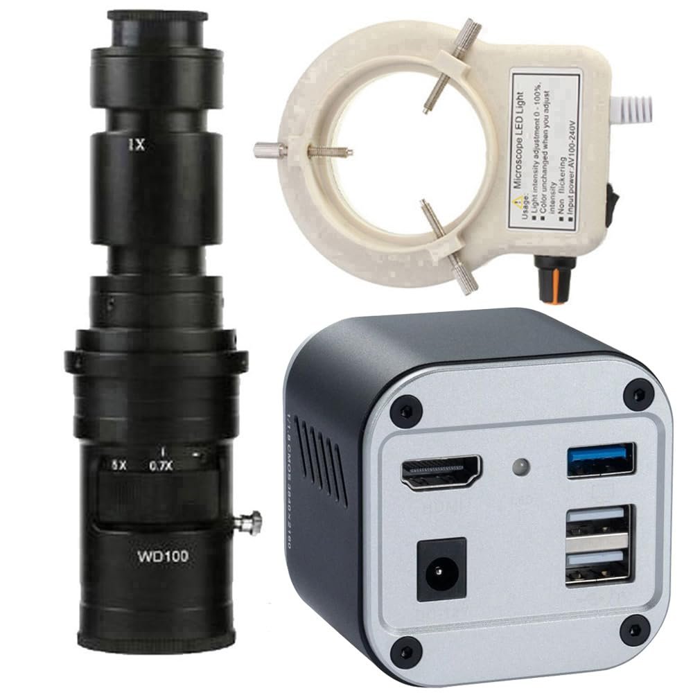 4K 8MP Industry Video Microscope HDMI USB Measuring Camera & 500X C-Mount Lens With 56-LED Adjustable Ring Light
