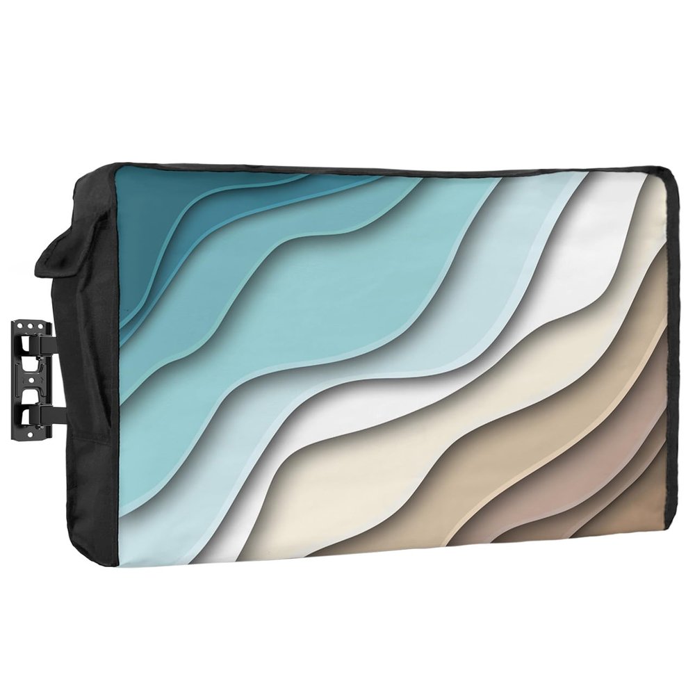 Geometric Ombre Blue Green Ocean Seawaves Waterproof Outdoor TV Cover 36-39 Inch Weatherproof,Outside Television Cover TV Screen Protector with Remote Control Pocket,Abstract Modern Brown Art