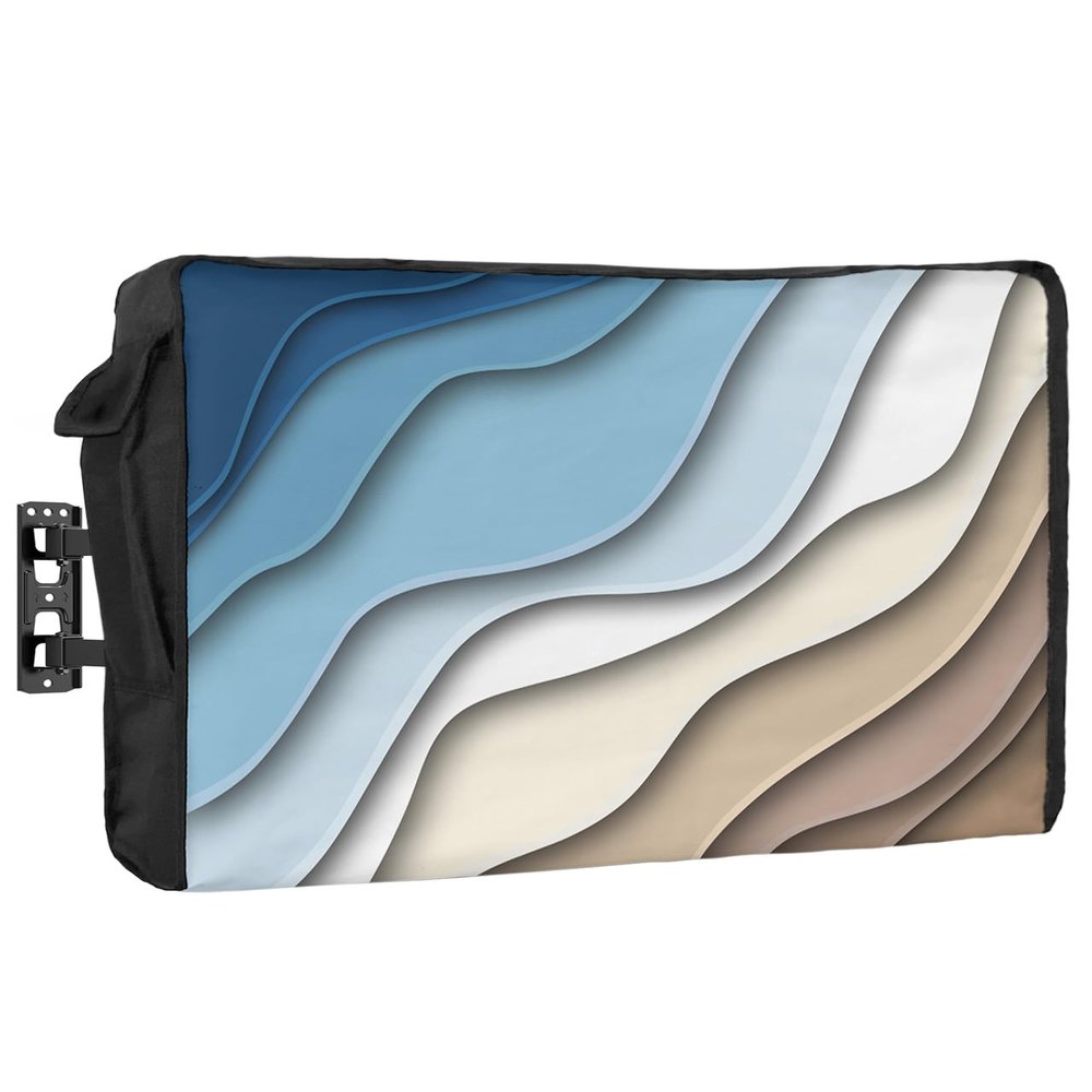 Blue White Brown Waterproof Outdoor TV Cover 40-43 Inch Weatherproof,Outside Television Cover TV Screen Protector with Remote Control Pocket,Abstract Modern Ocean Seawaves Geometric Art