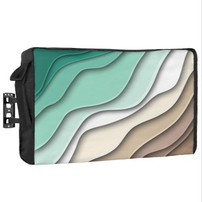 Abstract Modern Geometric Brown Art Waterproof Outdoor TV Cover 30-32 Inch Weatherproof,Outside Television Cover TV Screen Protector with Remote Control Pocket,Ombre Green White Ocean Seawaves,
