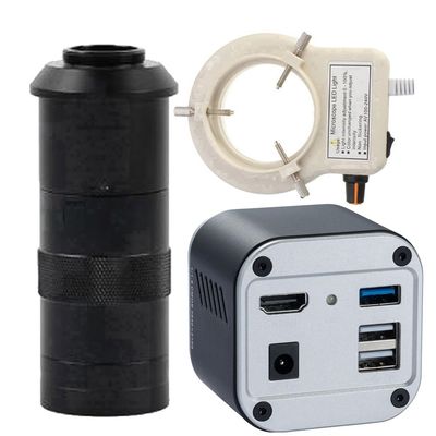 4K 8MP Industry Video Microscope HDMI USB Measuring Camera & 100X C-Mount Lens With 56-LED Adjustable Ring Light