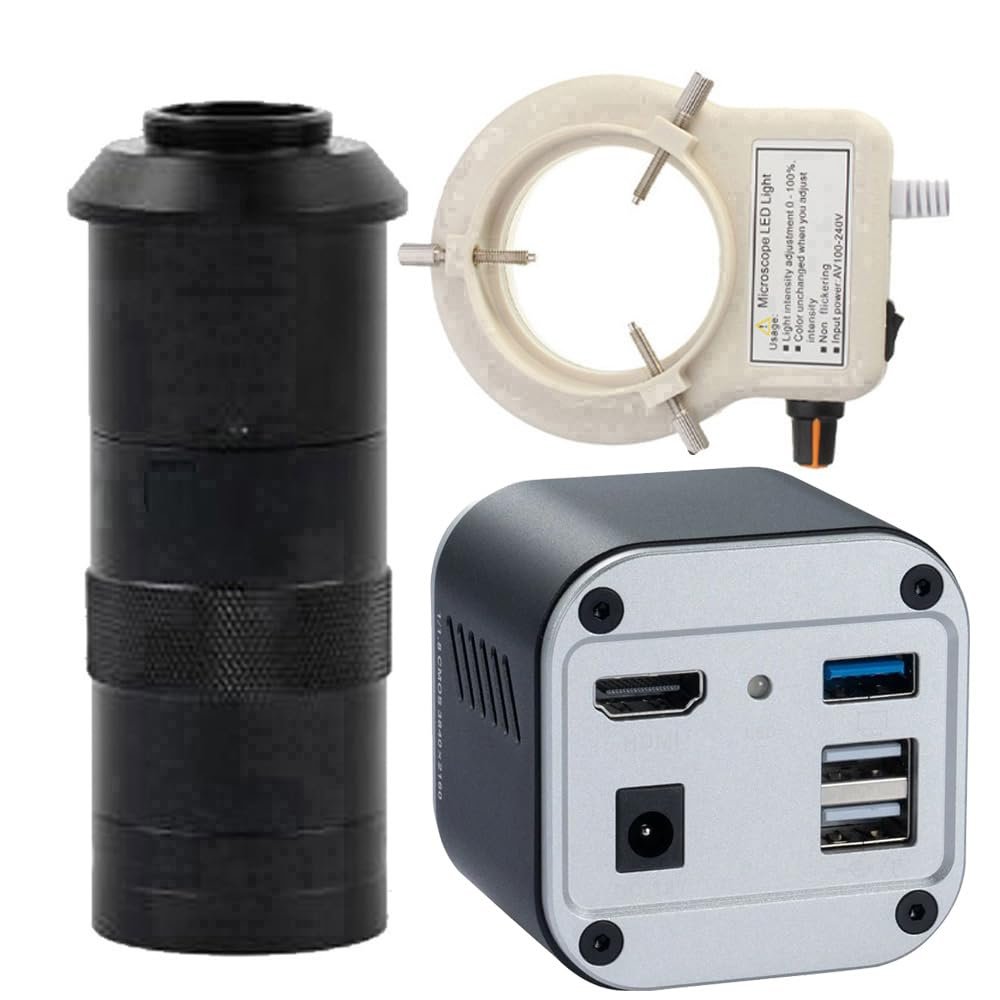 4K 8MP Industry Video Microscope HDMI USB Measuring Camera & 100X C-Mount Lens With 56-LED Adjustable Ring Light