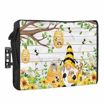 Honey Gnomes Waterproof Outdoor TV Cover 52-55 Inch Weatherproof,Outside Television Cover TV Screen Protector with Remote Control Pocket,Spring Summer Wood Grain Flower