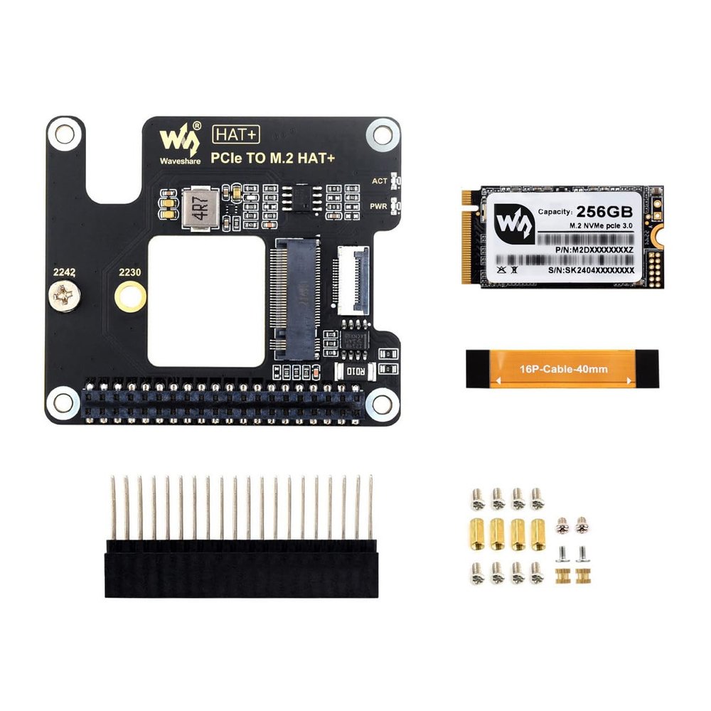 Waveshare PCIe to M.2 Adapter for Raspberry Pi 5, Supports NVMe Protocol M.2 Solid State Drive, High-Speed Reading/Writing, HAT + Standard, Comes with SK-NVME 2242 256G Solid State Drive