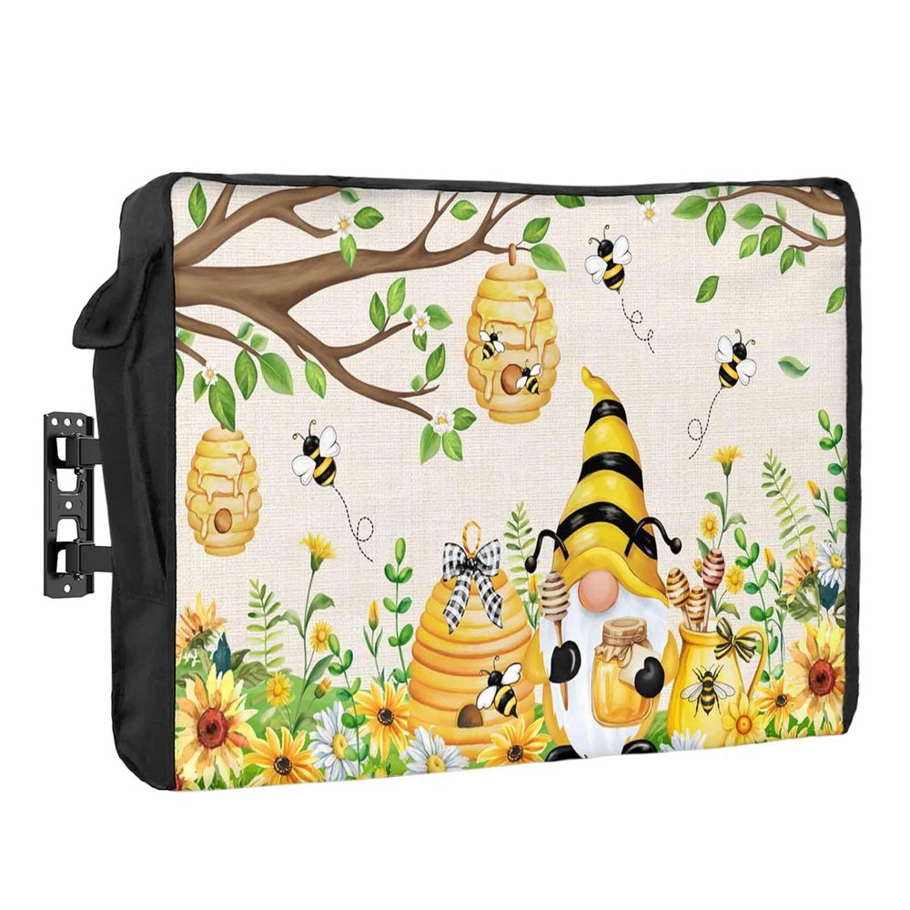Bee Honey Waterproof Outdoor TV Cover 30-32 Inch Weatherproof,Outside Television Cover TV Screen Protector with Remote Control Pocket,Yellow Summer Floral Farmhouse Botanical