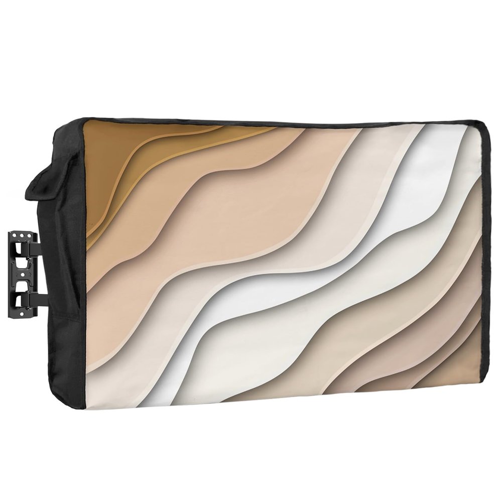 Abstract Ocean Seawaves Waterproof Outdoor TV Cover 30-32 Inch Weatherproof,Outside Television Cover TV Screen Protector with Remote Control Pocket,Modern Ombre Brown White Geometric Color Art