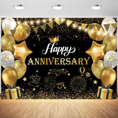 10x6.5ft Happy Anniversary Backdrop Black and Gold Balloons Glitter Spots Photography Background Wedding Anniversary Party Banner Decoration Supplies Photo Booth Props