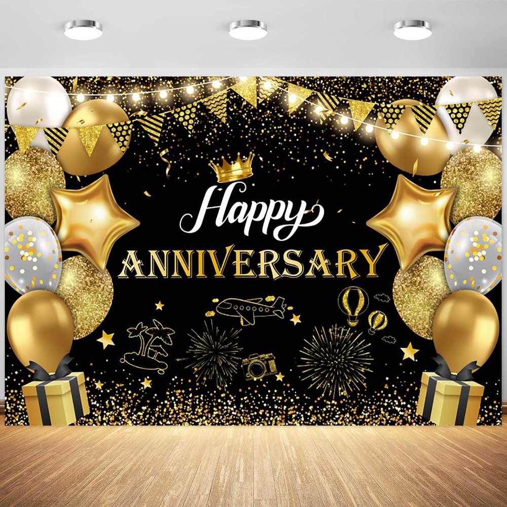 10x6.5ft Happy Anniversary Backdrop Black and Gold Balloons Glitter Spots Photography Background Wedding Anniversary Party Banner Decoration Supplies Photo Booth Props