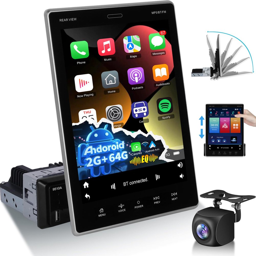 [2+64G] Android Single Din Carplay Radio - 9.5 Inch Movable Vertical Touch Screen Car Stereo with Wireless Android Auto, EQ, WiFi, GPS, Fast Charging, Mirror Link + AHD Backup Camera & MIC