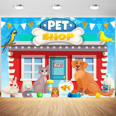 10x6.5ft Pet Shop Backdrop Cartoon Cats Dogs Birds Shop Photography Background Boys Girls 1st Birthday Party Decoration School Play Wallpaper Photo Booth Props