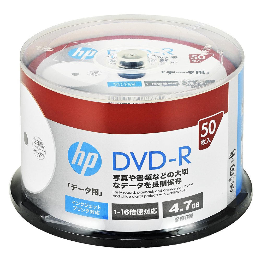 HP DHR47JP50SH1 Single Record DVD-R 4.7GB 50 Sheets Inkjet Printer Compatible, White, 1-16x, Single Side, Single Layer