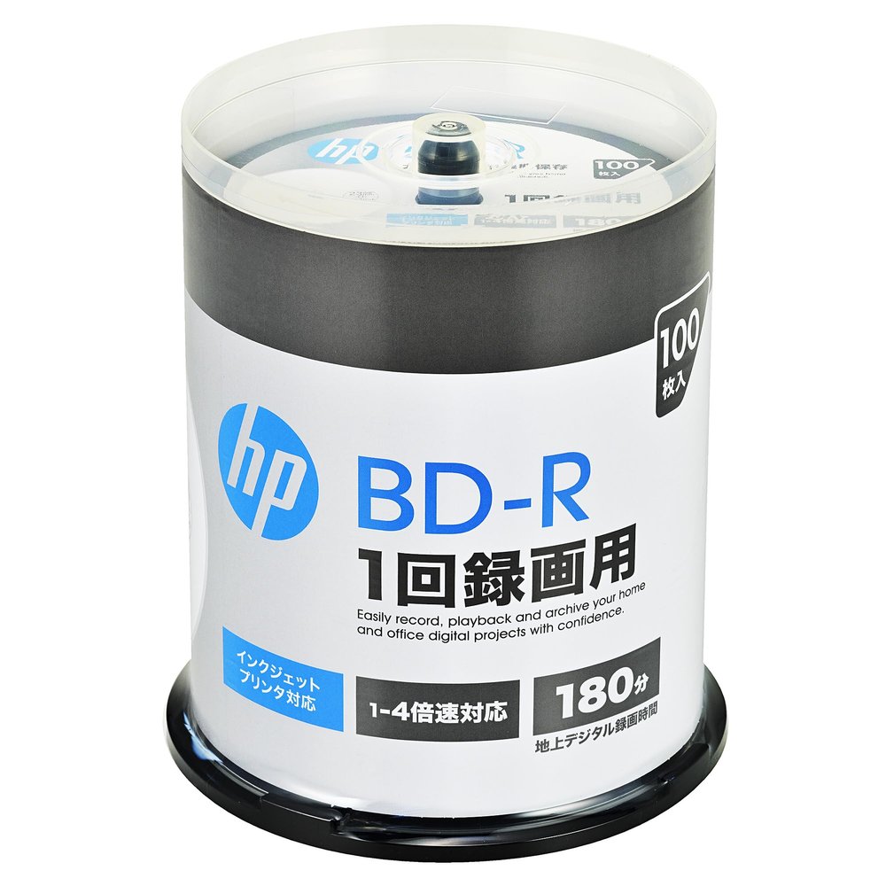 Hewlett Packard (HP) VBR130YP100SH1 Single Recording Blu-ray Disc BD-R 25GB 100 Pack Inkjet Printer Compatible White Single Layer 1-4x Speed