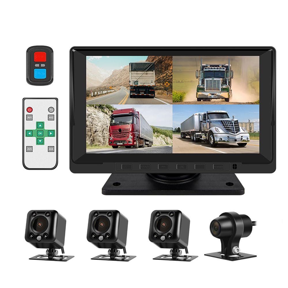 VSYSTO 4CH Backup Camera, 7'' Monitor 1/2/3/4 Split Screen Display Truck Dash Cam Vehicle DVR 720P Front & Sides & Rear Camera Infrared Night Vision Lens for Semi Trailer Van Tractor RV (Black-X7H)