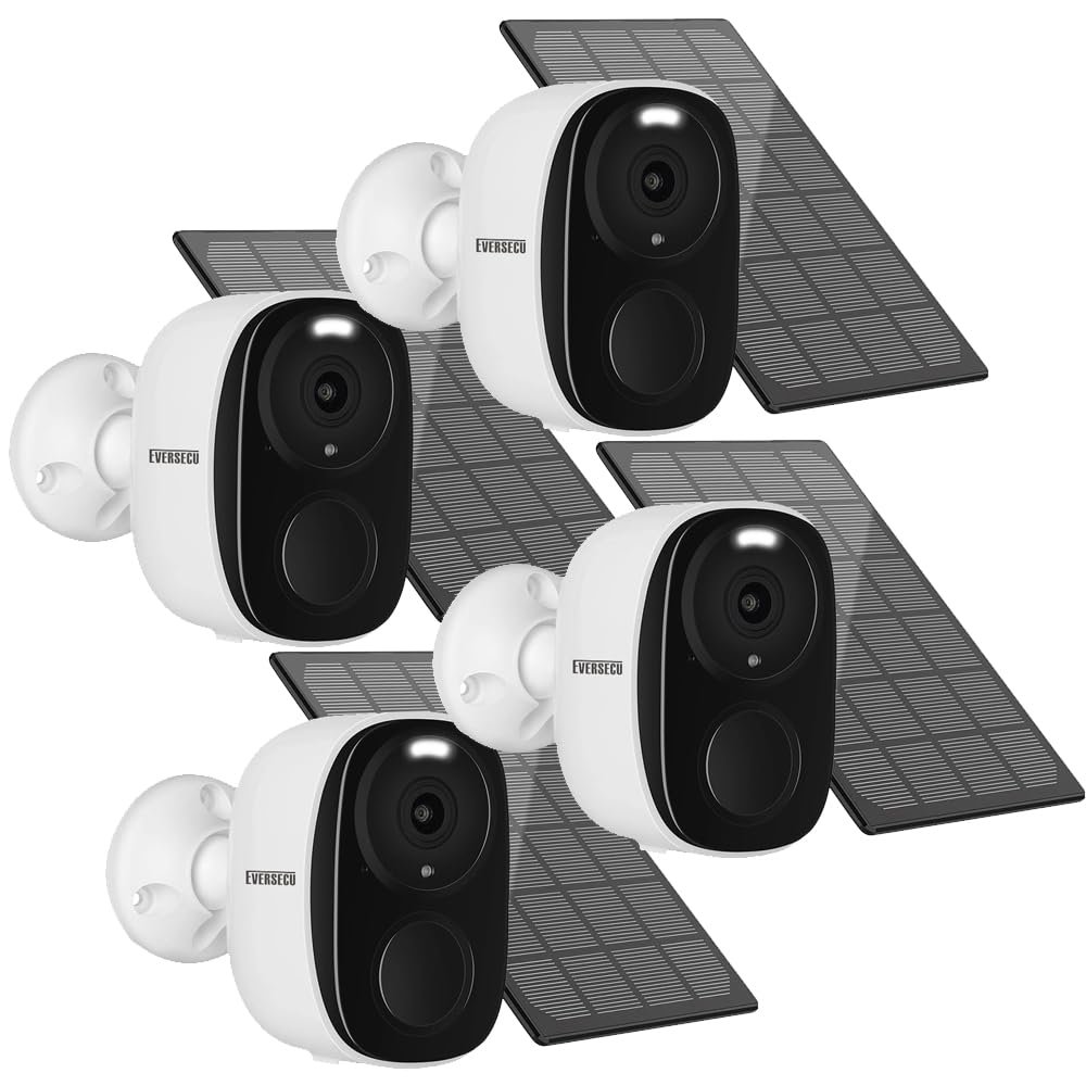 EVERSECU 2K 3MP Solar-Powered Wireless Security Camera Support Pairing Via Bluetooth, Outdoor WiFi Home CCTV Bullet Camera, Spotlight, PIR Motion Detection, 2-Way Audio, Compatible with Alexa(4pack)