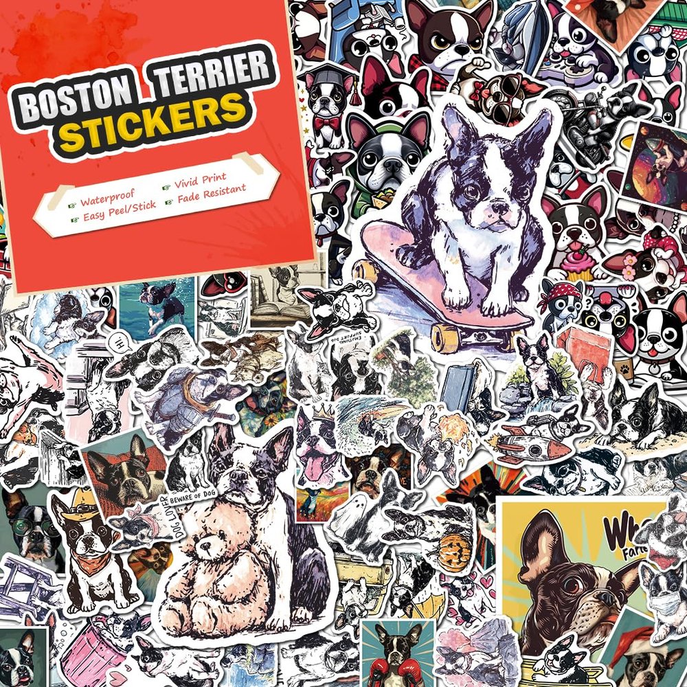 100 PCS Boston Terrier Stickers Pack Waterproof Dog Decals for Water Bottles, Laptops, Phones, Notebook, Cars Cool Vibrant Graphics for Boston Terrier Enthusiast