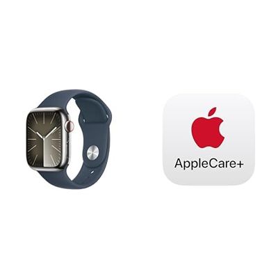 Apple Watch Series 9 [GPS + Cellular 41mm] Smartwatch with Silver Stainless Steel Case with Storm Blue Sport Band S/M. Fitness Tracker, ECG Apps, Always-On Retina Display with AppleCare+ (2 Years)