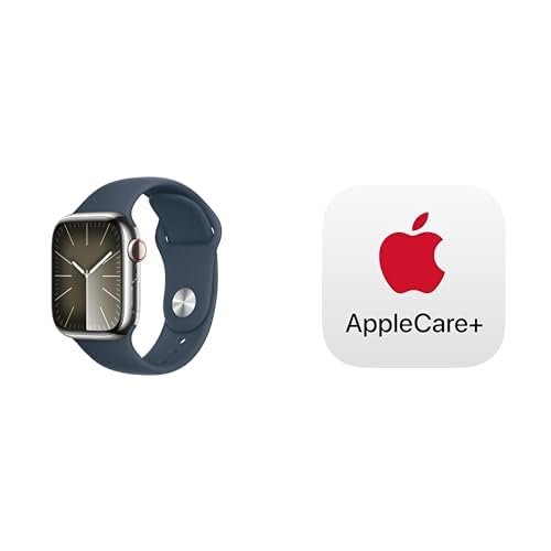 Apple Watch Series 9 [GPS + Cellular 41mm] Smartwatch with Silver Stainless Steel Case with Storm Blue Sport Band S/M. Fitness Tracker, ECG Apps, Always-On Retina Display with AppleCare+ (2 Years)