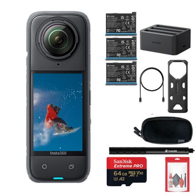 Insta360 X4 - Waterproof 360 8K Action Camera with 48MP Sensors, 8K 360 Video, 72MP Photo, AI Editing, For Content Creators, Sports, Travel, Outdoors + 2 Extra Batteries + Charger + SelfieStick + More