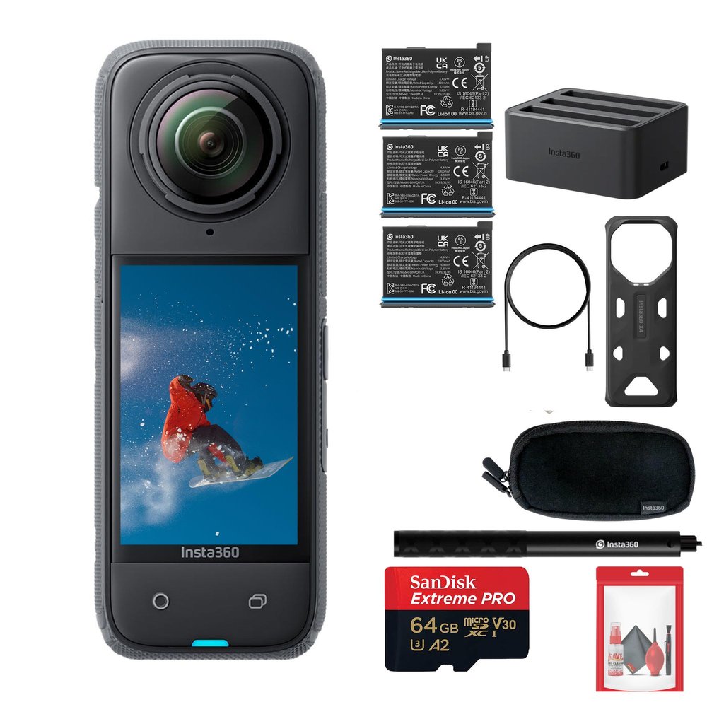 Insta360 X4 - Waterproof 360 8K Action Camera with 48MP Sensors, 8K 360 Video, 72MP Photo, AI Editing, For Content Creators, Sports, Travel, Outdoors + 2 Extra Batteries + Charger + SelfieStick + More