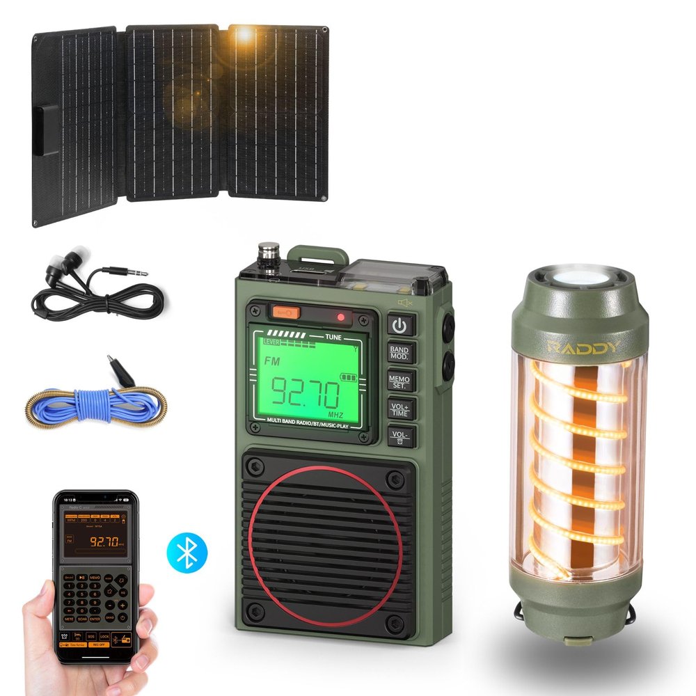 Raddy RF75A APP Control AM/FM/VHF/WB Shortwave Radio + CL-1 Portable Rechargeable Camping Lantern + SP30 30W Foldable Solar Panel