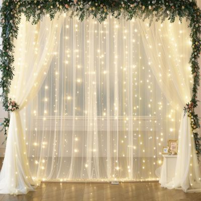 20ft x 10ft Ivory Tulle Photo Backdrop Curtain with Lights String for Parties Wedding Sheer Ivory Curtain Backdrop for Birthday Party Bridal Shower Photo Booth Photography Background Decorations