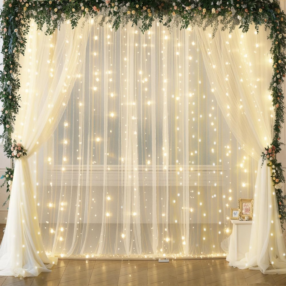 20ft x 10ft Ivory Tulle Photo Backdrop Curtain with Lights String for Parties Wedding Sheer Ivory Curtain Backdrop for Birthday Party Bridal Shower Photo Booth Photography Background Decorations