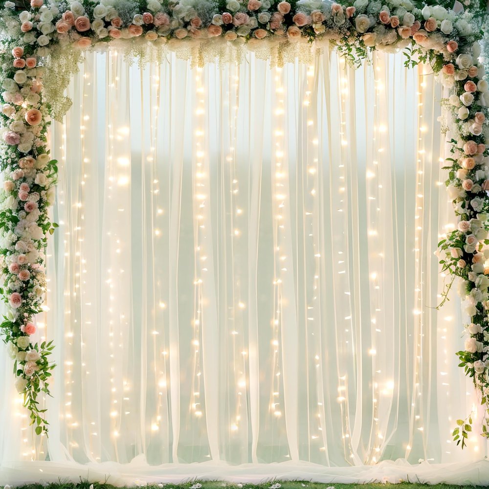 10ft x 10ft Ivory Tulle Photo Backdrop Curtain with Lights String for Parties Wedding Sheer Ivory Curtain Backdrop for Birthday Party Bridal Shower Photo Booth Photography Background Decorations
