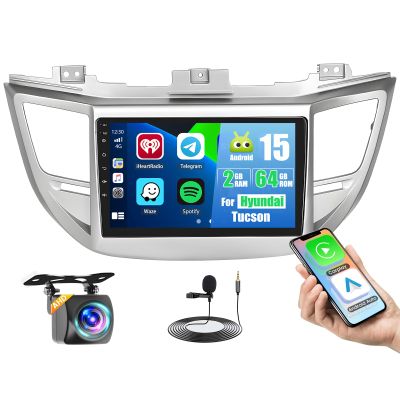 2+64GB for Hyundai Tucson Car Stereo 2015 2016 2017 2018, 9 Android 15 Touchscreen with Wireless CarPlay & Android Auto, Upgrade Radio Bluetooth GPS WiFi SWC Dual USB EQ 26UI